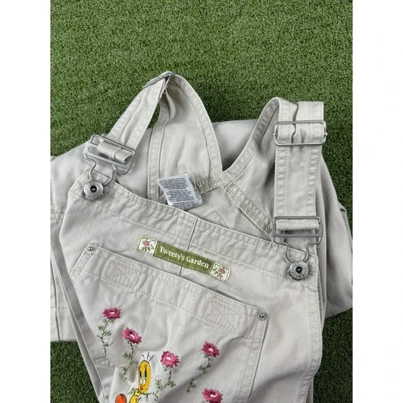 Vintage 1999 Warner Bros Tweety Bird Overalls Tan Wide Leg Carpenter Womens S - Picture 8 of 14